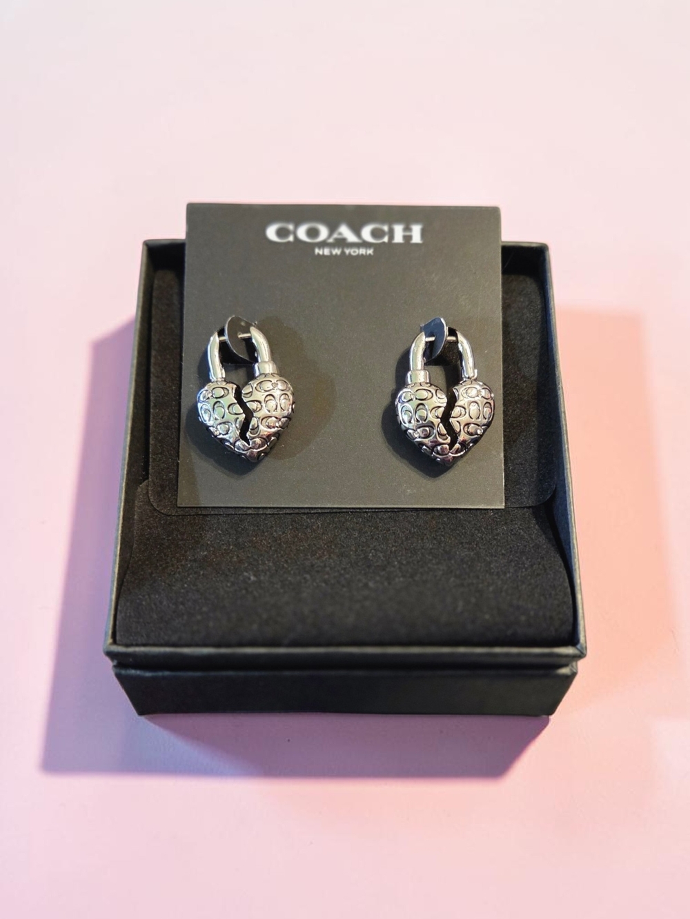 COACH Silver Quilted Broken Heart Padlock Hanging Earrings, NIB